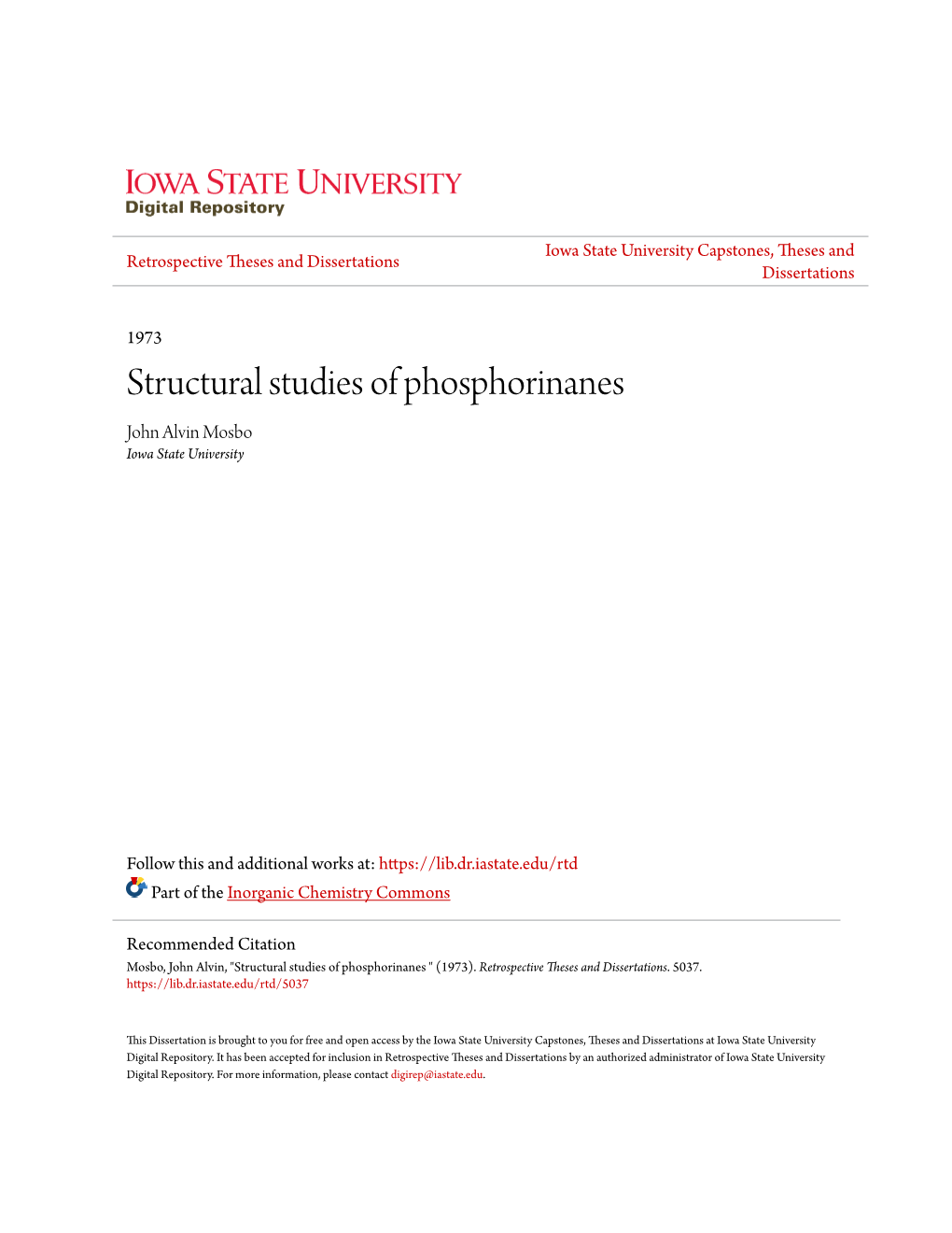 Structural Studies of Phosphorinanes John Alvin Mosbo Iowa State University