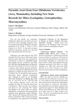 Parasitic Acari from Four Oklahoma Vertebrates (Aves, Mammalia), Including New State Records for Mites (Laelapidae, Listrophoridae, Macronyssidae) Chris T