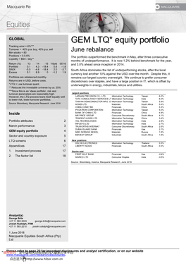 GEM LTQ* Equity Portfolio Tracking Error = 6%*** Turnover = 40% P.A