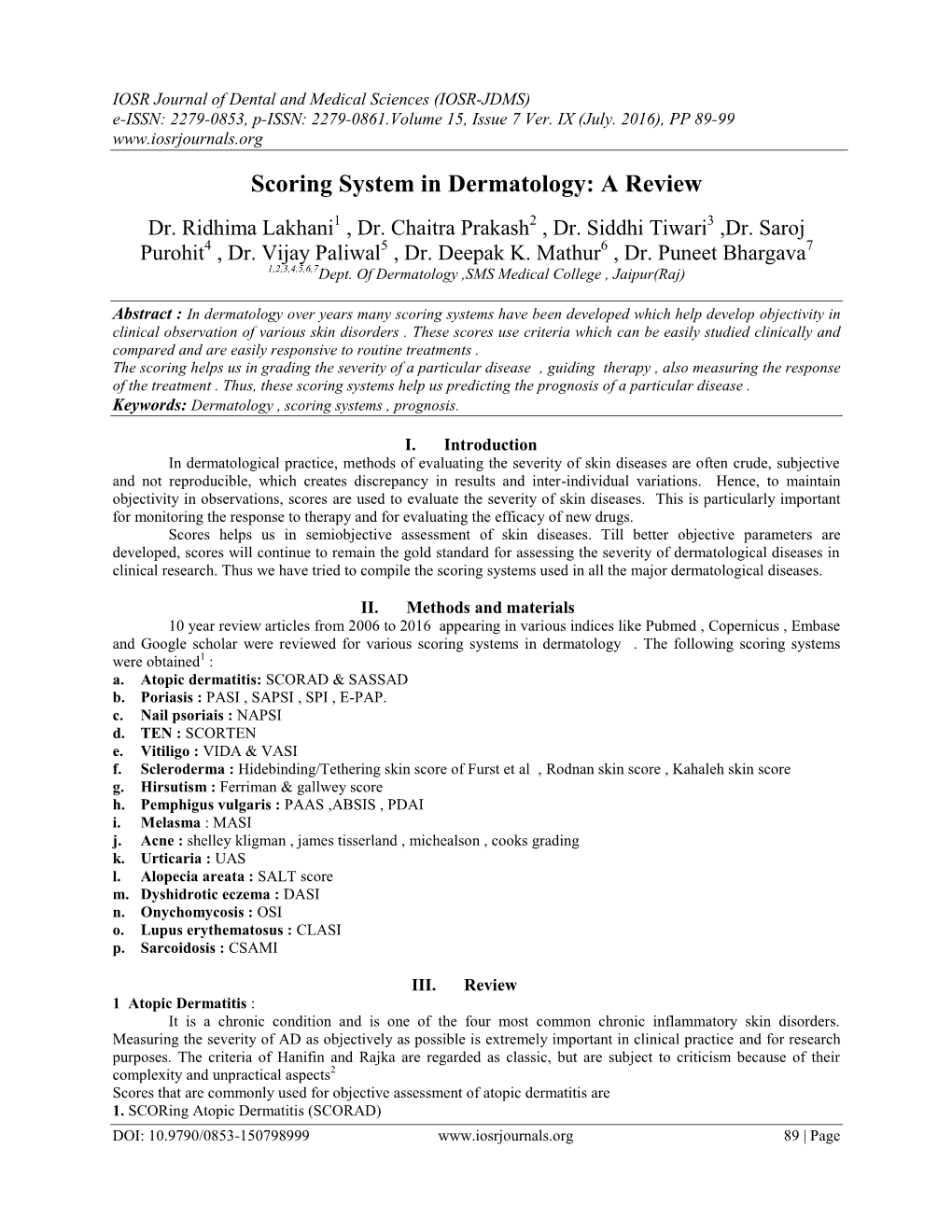 Scoring System in Dermatology: a Review