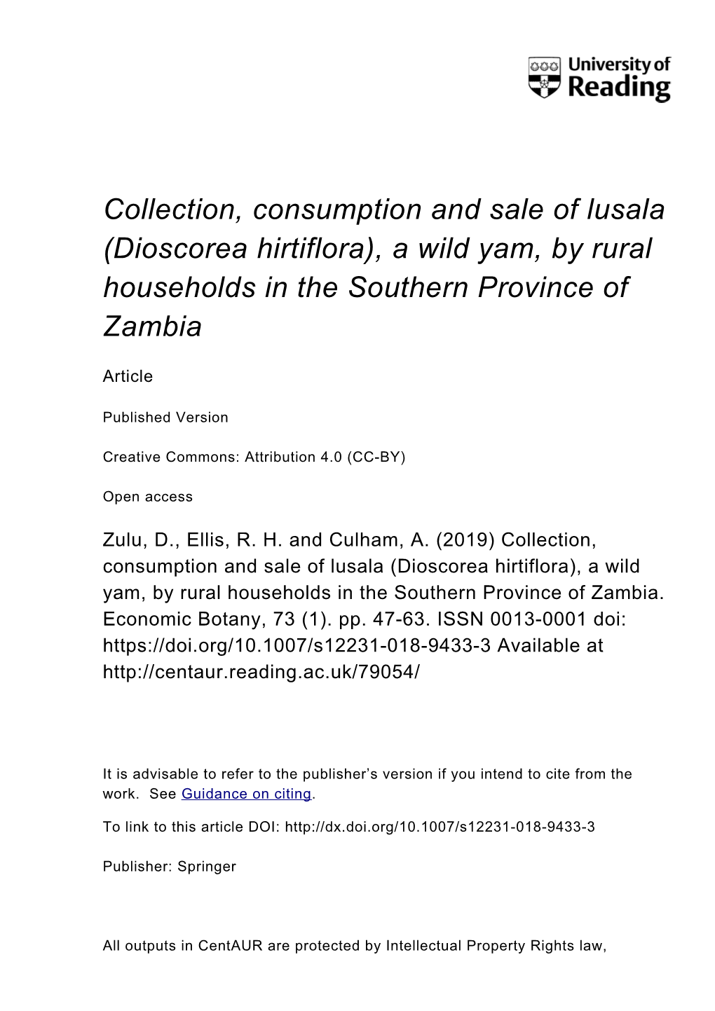 Collection, Consumption, and Sale of Lusala (Dioscorea Hirtiflora)—A Wild Yam—By Rural Households in Southern Province, Zamb