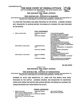 The High Court of Orissa,Cuttack List of Business for Wednesday the 26Th August 2020