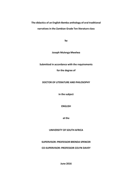 The Didactics of an English-Bemba Anthology of Oral Traditional Narratives in the Zambian Grade Ten Literature Class by Joseph M