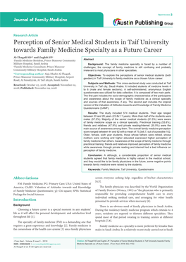 Perception of Senior Medical Students in Taif University Towards Family Medicine Specialty As a Future Career