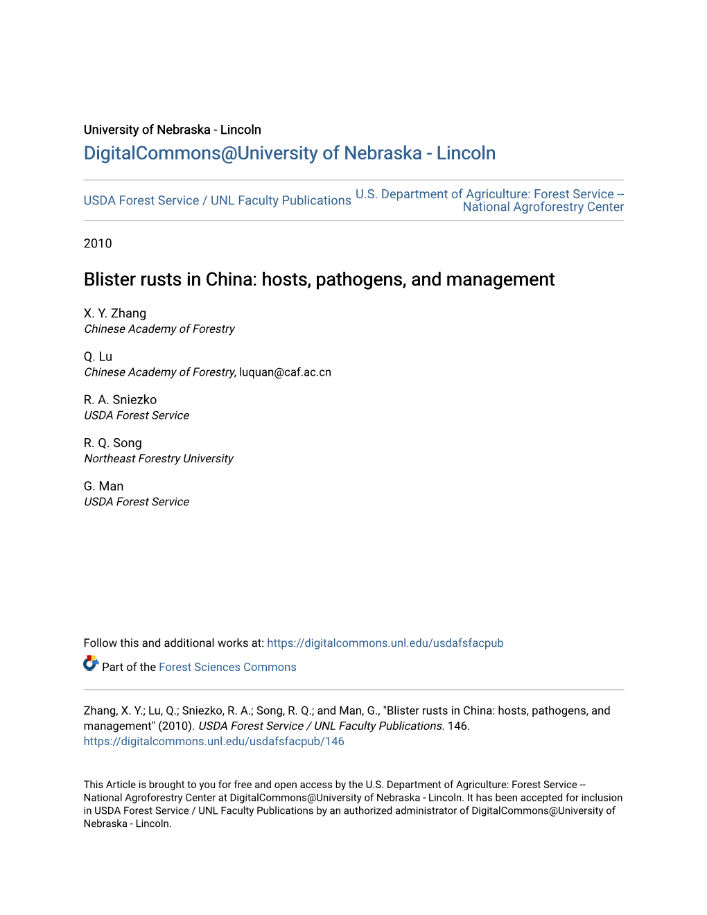 Blister Rusts in China: Hosts, Pathogens, and Management