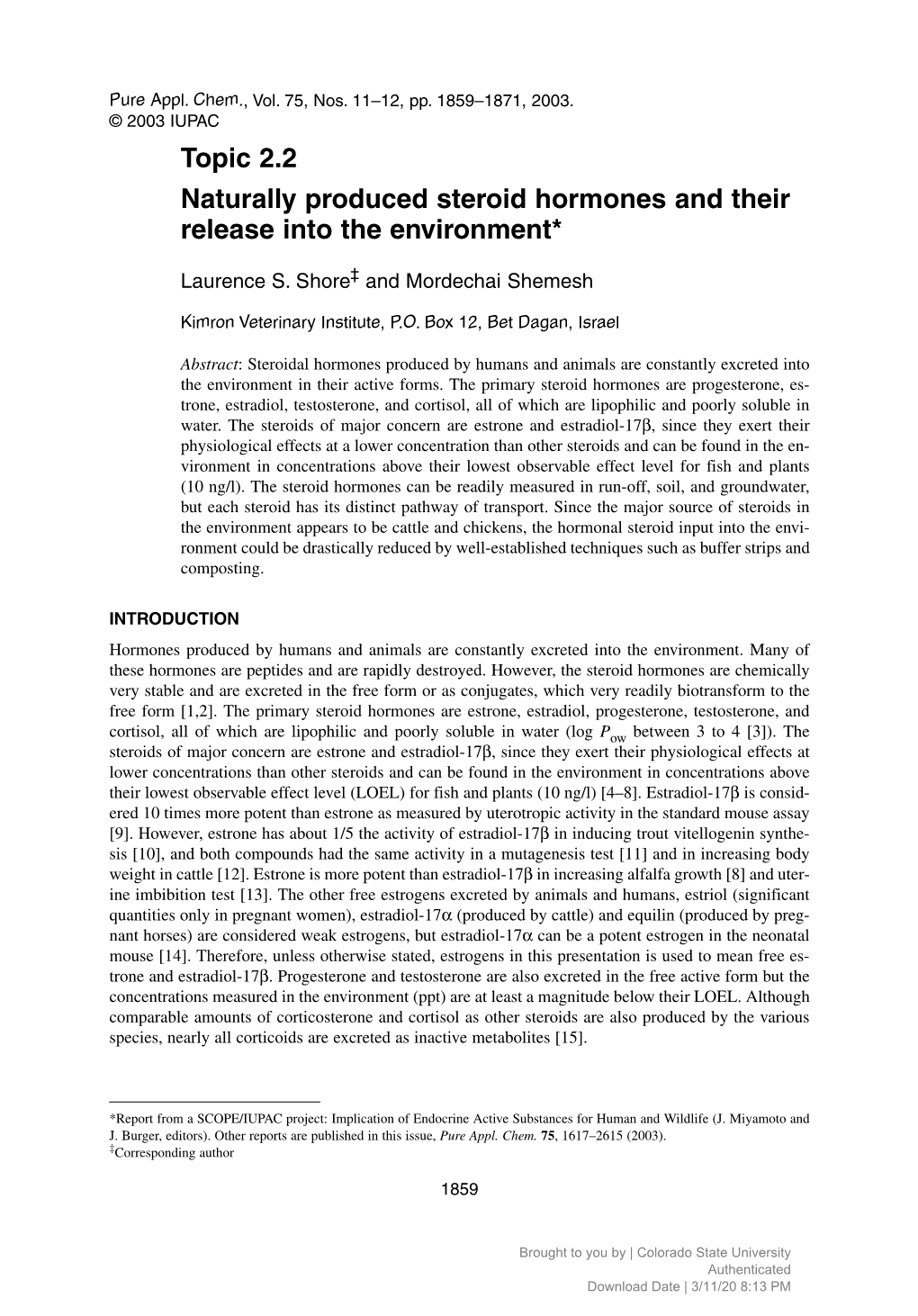 Naturally Produced Steroid Hormones and Their Release Into the Environment*