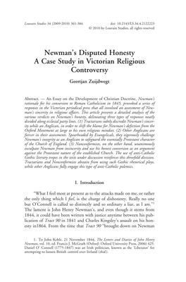 Newman's Disputed Honesty a Case Study in Victorian Religious