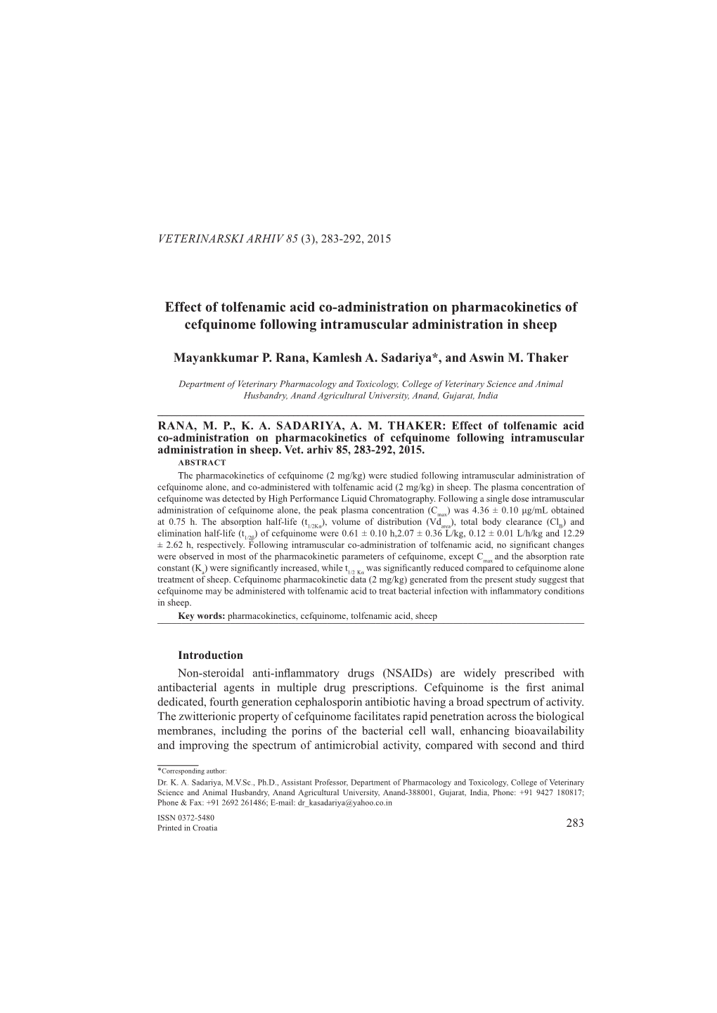 Effect of Tolfenamic Acid Co-Administration on Pharmacokinetics of Cefquinome Following Intramuscular Administration in Sheep