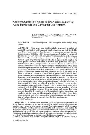 Ages of Eruption of Primate Teeth: a Compendium for Aging Individuals and Comparing Life Histories