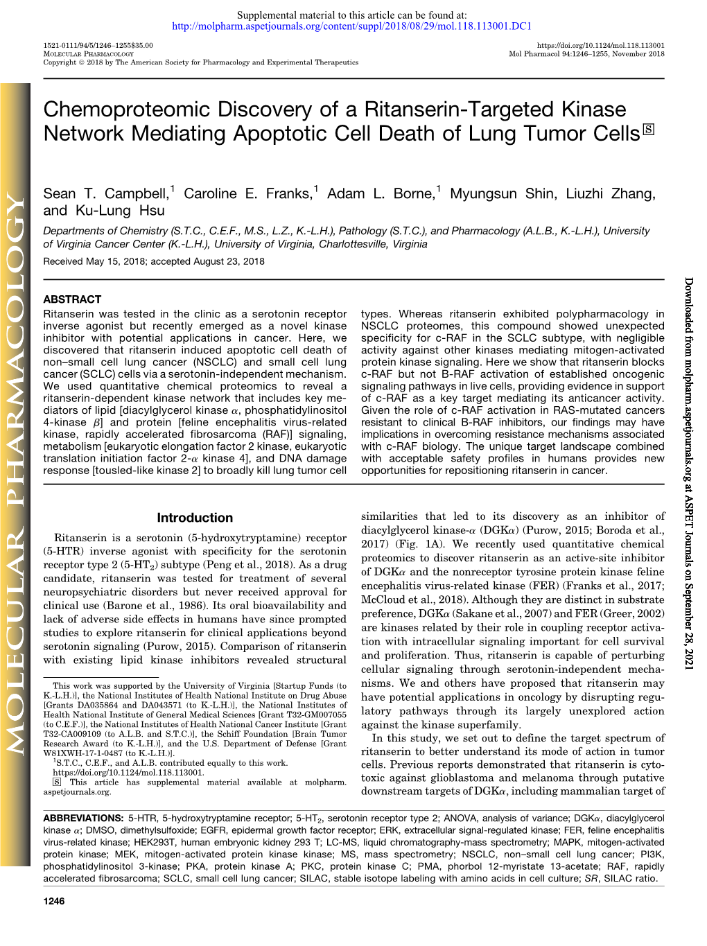 Chemoproteomic Discovery of a Ritanserin-Targeted Kinase Network Mediating Apoptotic Cell Death of Lung Tumor Cells S