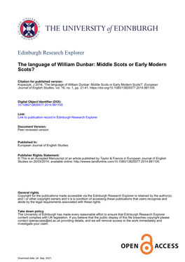 The Language of William Dunbar: Middle Scots Or Early Modern Scots?', European Journal of English Studies, Vol