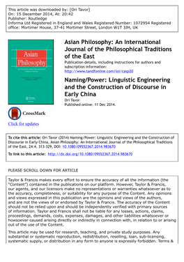 Naming/Power: Linguistic Engineering and the Construction of Discourse in Early China Ori Tavor Published Online: 11 Dec 2014
