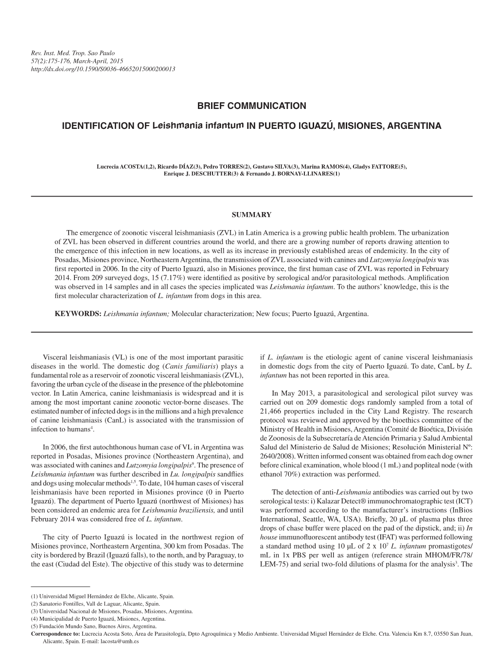 IDENTIFICATION of Leishmania Infantum in PUERTO IGUAZÚ, MISIONES, ARGENTINA