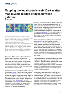 Mapping the Local Cosmic Web: Dark Matter Map Reveals Hidden Bridges Between Galaxies 25 May 2021