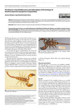 Rediscovery and Redescription of the Holotype of Pandinus Imperator (Scorpiones: Scorpionidae)