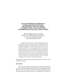 Quality Reform in Traditional Madrasahs for Sustainable Development in Bangladesh: an Observation and a Study from the British Colonial Education System