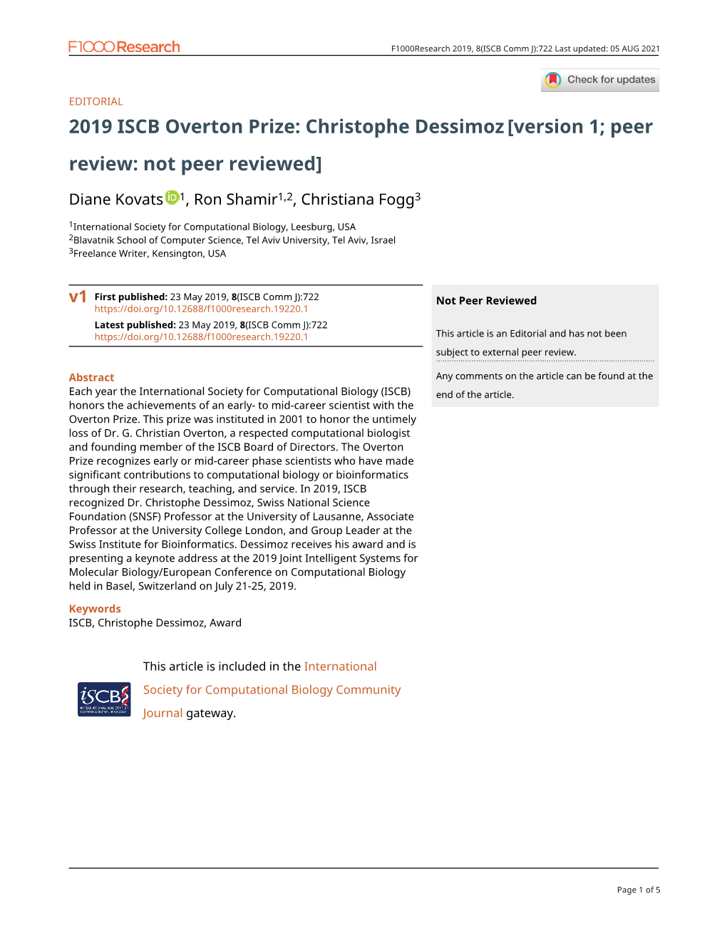 2019 ISCB Overton Prize: Christophe Dessimoz[Version 1; Peer Review