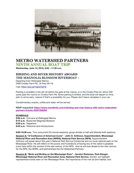 METRO WATERSHED PARTNERS NINTH ANNUAL BOAT TRIP Wednesday, June 15, 2016, 8:00 – 11:30 A.M