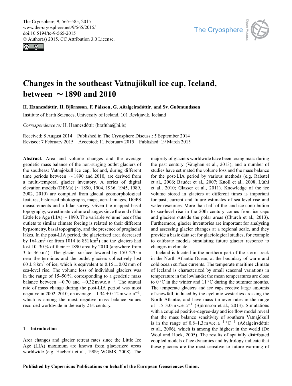 Changes in the Southeast Vatnajökull Ice Cap, Iceland, Between ∼1890