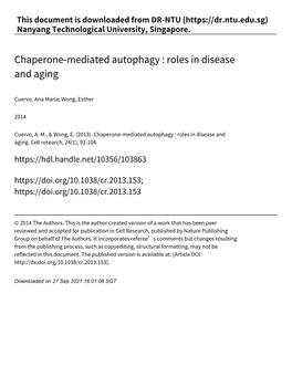 Chaperone‑Mediated Autophagy : Roles in Disease and Aging