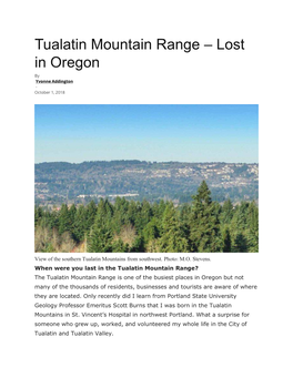 Tualatin Mountain Range – Lost in Oregon by Yvonne Addington - October 1, 2018
