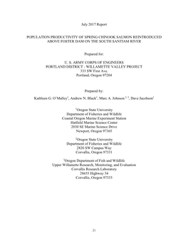 July 2017 Report POPULATION PRODUCTIVITY of SPRING CHINOOK SALMON REINTRODUCED ABOVE FOSTER DAM on the SOUTH SANTIAM RIVER Prepa