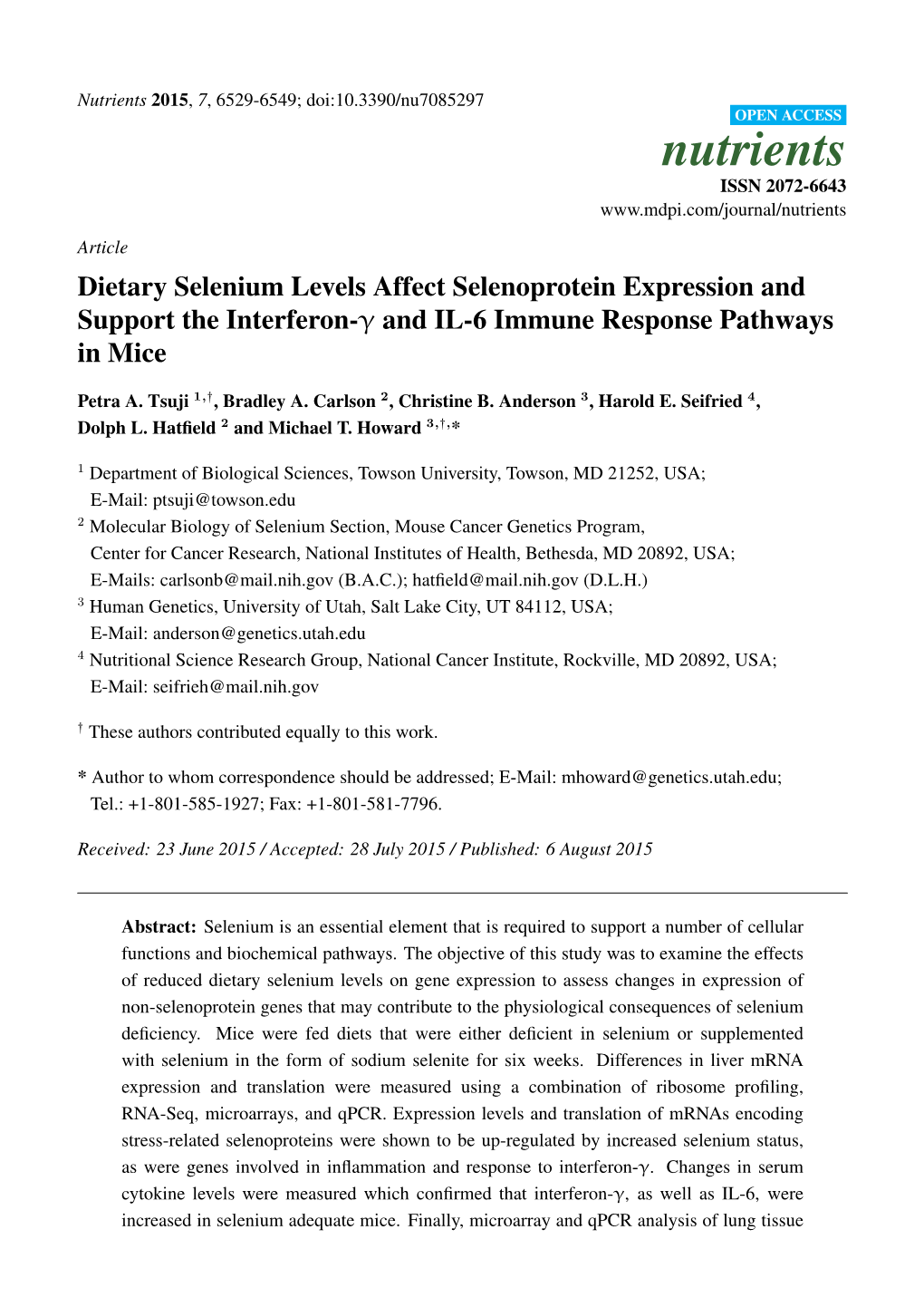 Dietary Selenium Levels Affect Selenoprotein Expression and Support the Interferon-Γ and IL-6 Immune Response Pathways in Mice