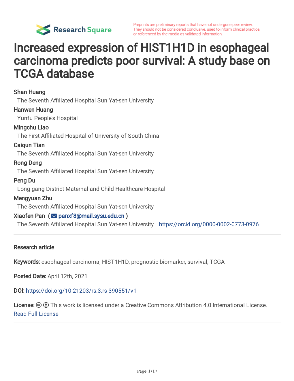 Increased Expression of HIST1H1D in Esophageal Carcinoma Predicts Poor Survival: a Study Base on TCGA Database