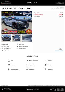 2019 Honda Civic Type R Touring Vin: Shhfk8g70ku203530