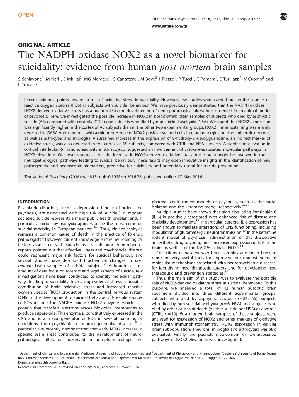 The NADPH Oxidase NOX2 As a Novel Biomarker for Suicidality: Evidence from Human Post Mortem Brain Samples