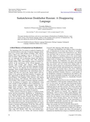 Saskatchewan Doukhobor Russian: a Disappearing Language