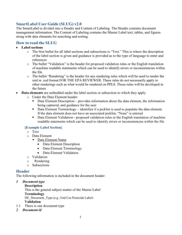 User Guide (SLUG) V2.0 the Smartlabel Is Divided Into a Header and Content of Labeling