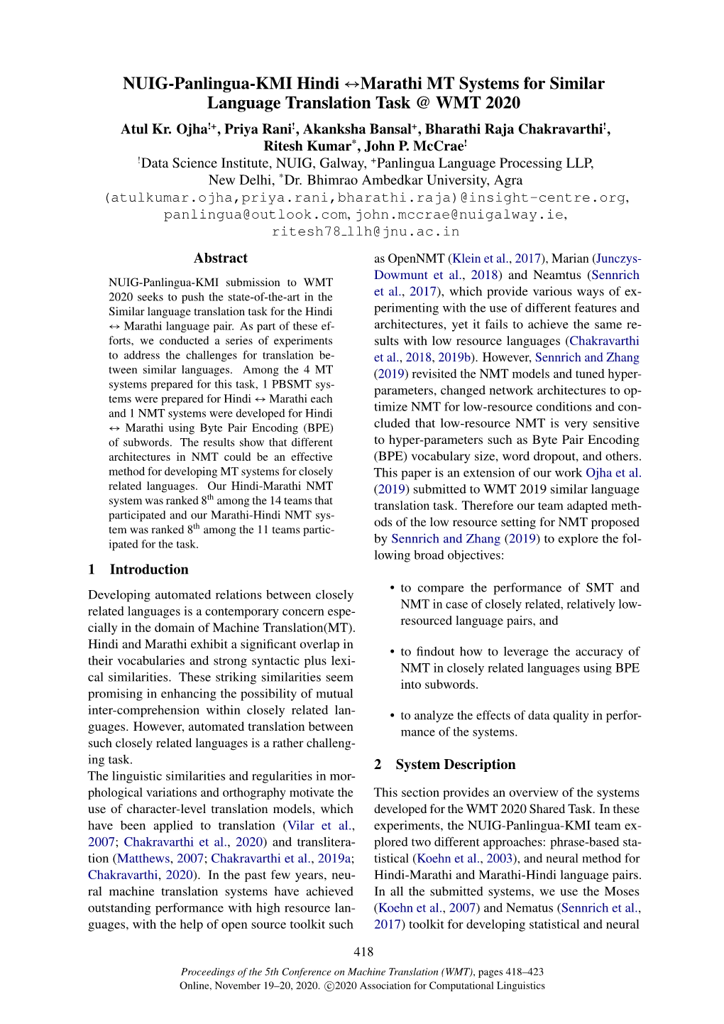 NUIG-Panlingua-KMI Hindi-Marathi MT Systems for Similar Language