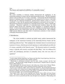 The Theory and Empirical Credibility of Commodity Money Abstract I