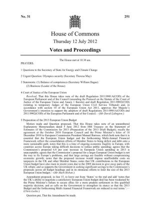 House of Commons Thursday 12 July 2012 Votes and Proceedings