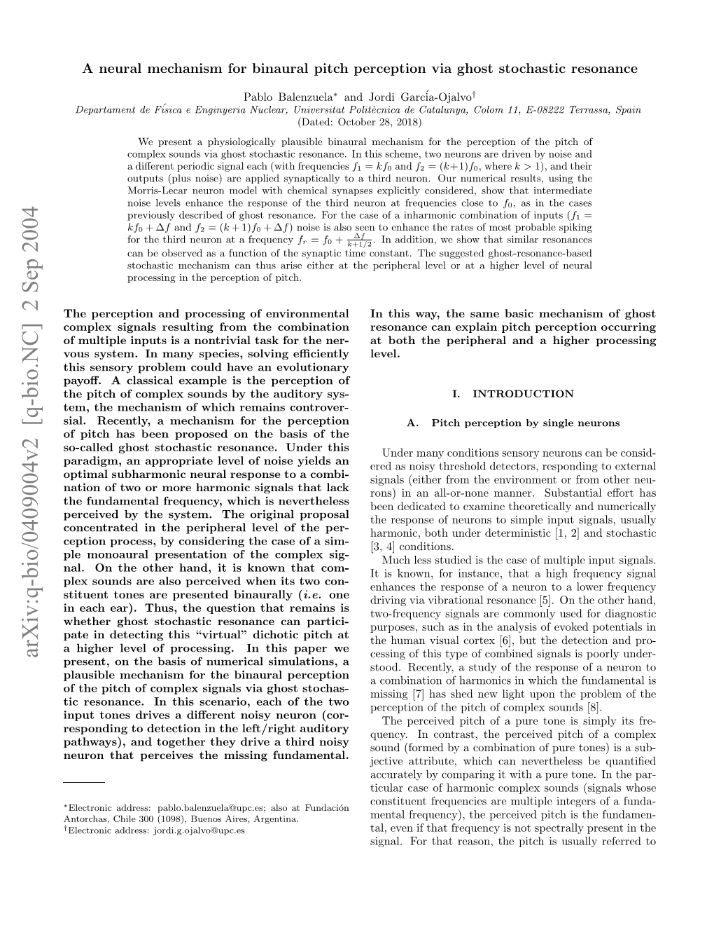 Arxiv:Q-Bio/0409004V2 [Q-Bio.NC] 2 Sep 2004 Ernta Ecie H Isn Fundamental