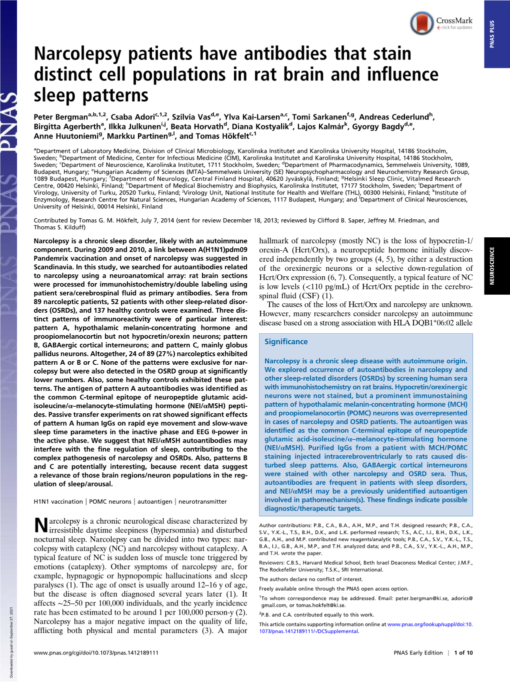 Narcolepsy Patients Have Antibodies That Stain Distinct Cell Populations In