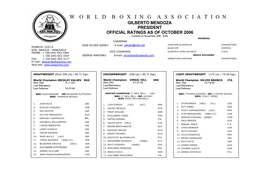 WORLD BOXING ASSOCIATION GILBERTO MENDOZA PRESIDENT OFFICIAL RATINGS AS of OCTOBER 2006 Created on November 09Th, 2006 MEMBERS CHAIRMAN P.O