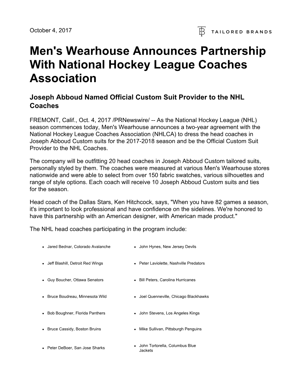 Men's Wearhouse Announces Partnership with National Hockey League Coaches Association