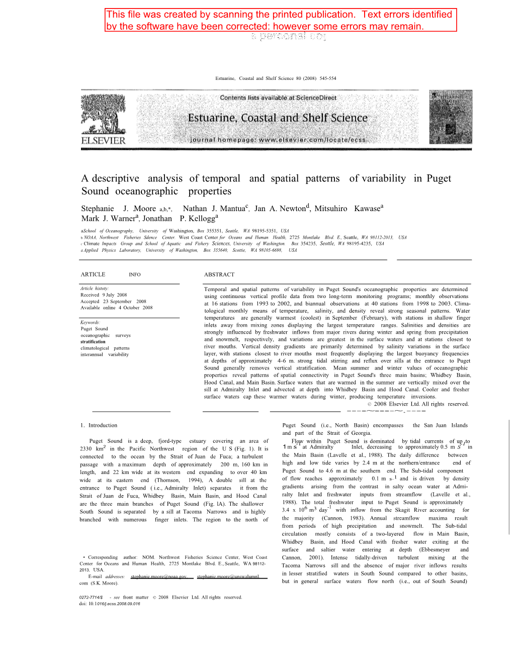 Adescriptive Analysis of Temporal and Spatial Patterns Ofvariability in Puget Sound Oceanographic Properties