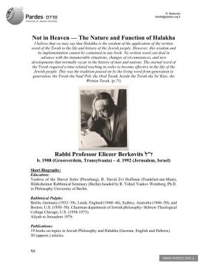 Not in Heaven — the Nature and Function of Halakha Rabbi