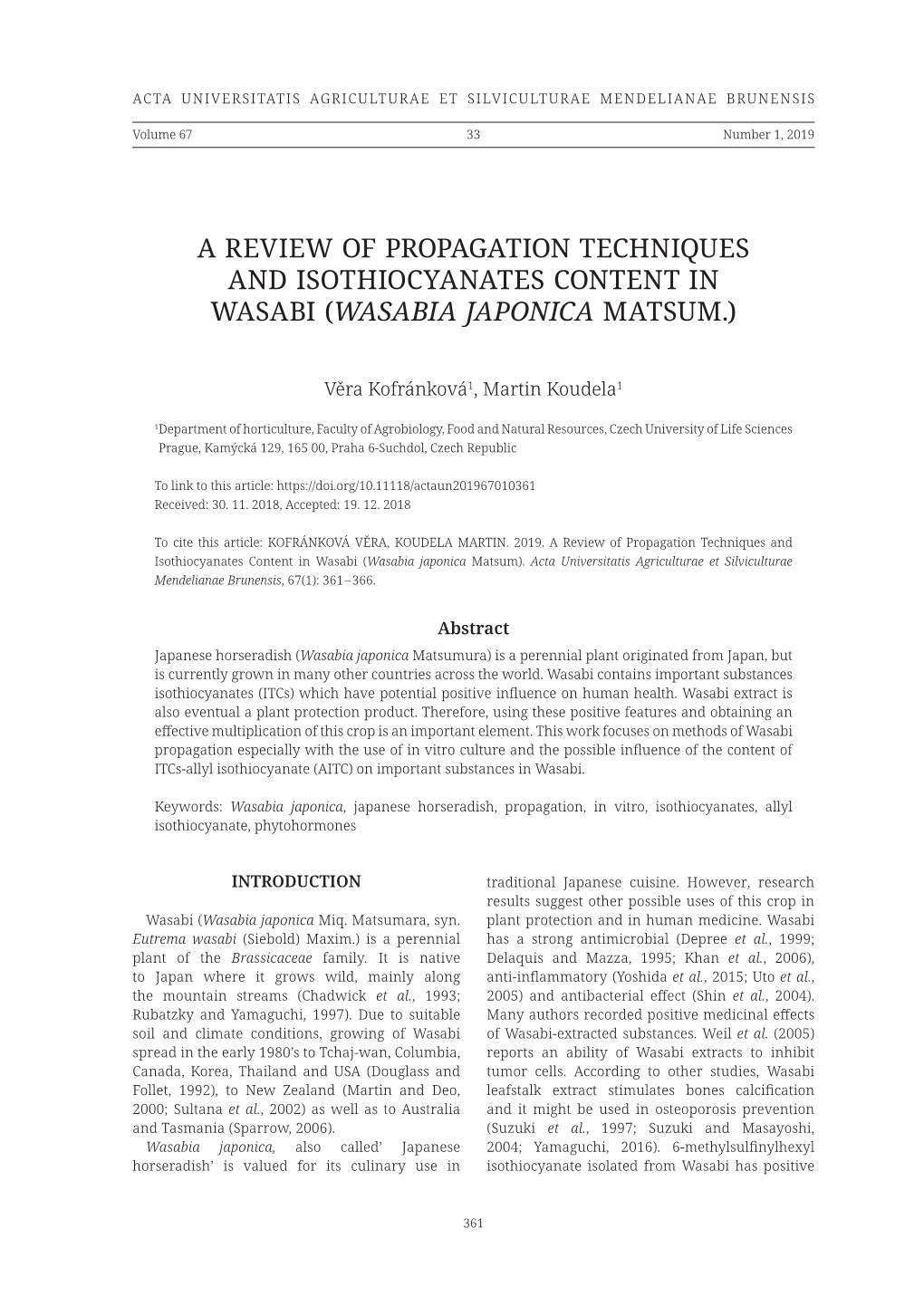 A Review of Propagation Techniques and Isothiocyanates Content in Wasabi (Wasabia Japonica Matsum.)