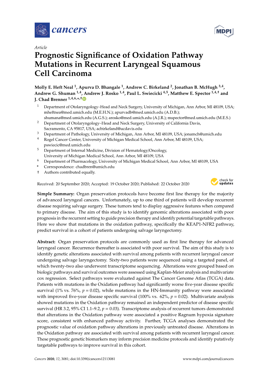 Prognostic Significance of Oxidation Pathway Mutations in Recurrent