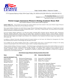 Patriot League Announces Women's Rowing Academic Honor Roll