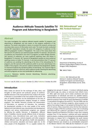 Audience Attitude Towards Satellite TV Program and Advertising in Bangladesh