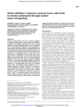 Notch Inhibition in Kaposi's Sarcoma Tumor Cells Leads to Mitotic Catastrophe Through Nuclear Factor- Κb Signaling