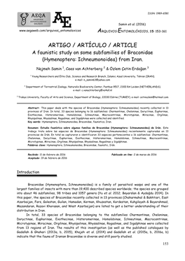 ARTIGO / ARTÍCULO / ARTICLE a Faunistic Study on Some Subfamilies of Braconidae (Hymenoptera: Ichneumonoidea) from Iran