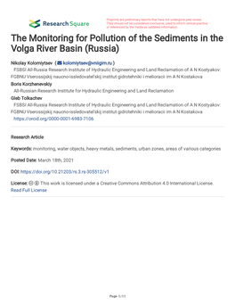 The Monitoring for Pollution of the Sediments in the Volga River Basin (Russia)