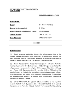 Refugee Status Appeals Authority New Zealand