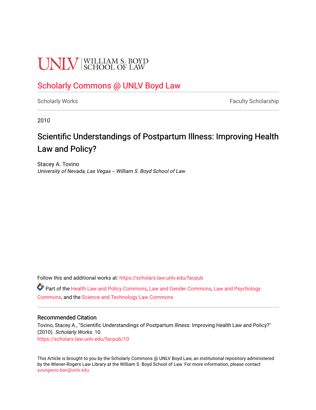 Scientific Understandings of Postpartum Illness: Improving Health Law and Policy?